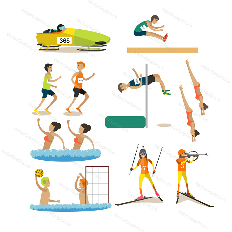 Vector set of sport people competing isolated on white background. Bobsleigh, long and high jumping, running, diving, synchronized swimming, water polo, biathlon design elements, icons in flat style.