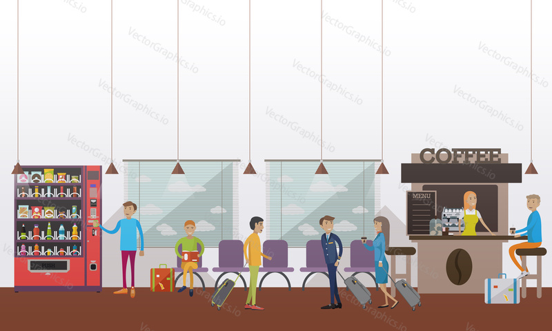Vector illustration of airport waiting hall, cafe, passengers, pilot, stewardess. Travel by plane concept design element in flat style.