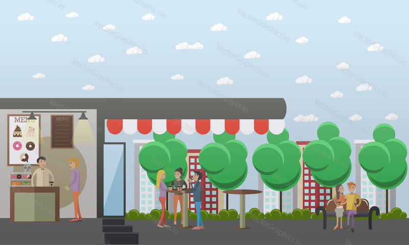 Street coffee and coffee to go concept vector illustration in flat style. People standing around the table, talking to each other and drinking coffee.