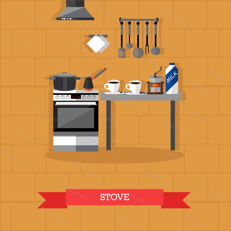 Vector illustration of stove. Kitchen interior with furniture and utensils in flat style. Pan, cups of coffee, coffee maker, grinder and milk.