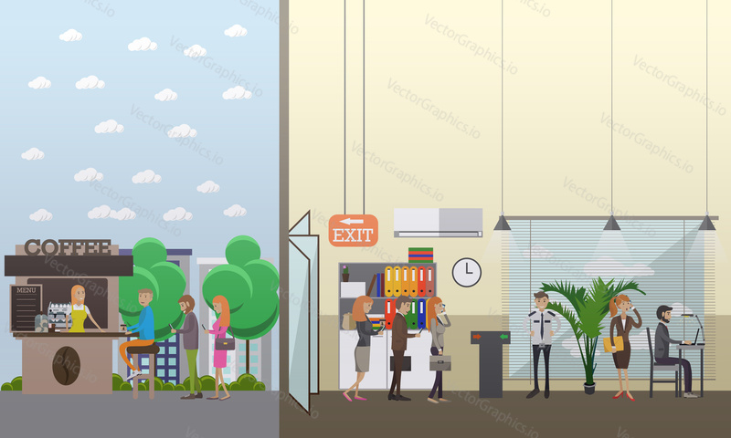 Vector illustration of business people making use of various gadgets at office, in the street. Modern gadgets in business concept design element in flat style.