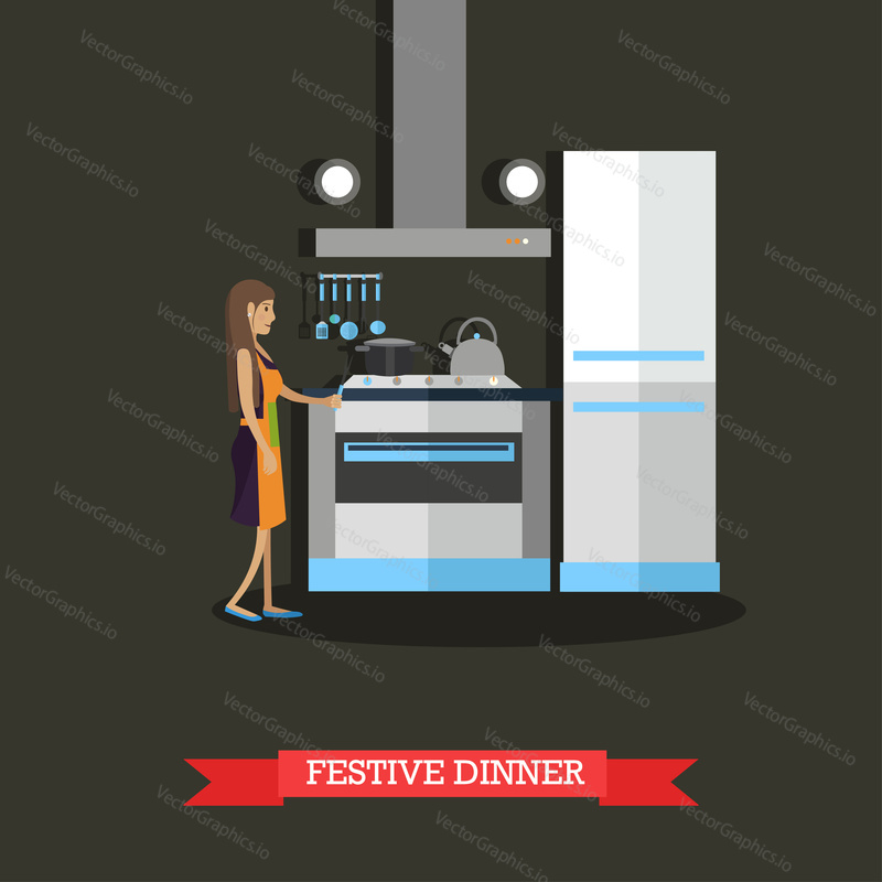Vector illustration of young woman cooking festive dinner in kitchen. Holiday meal, cartoon character, kitchen interior. Merry Christmas and Happy New Year design element in flat style.