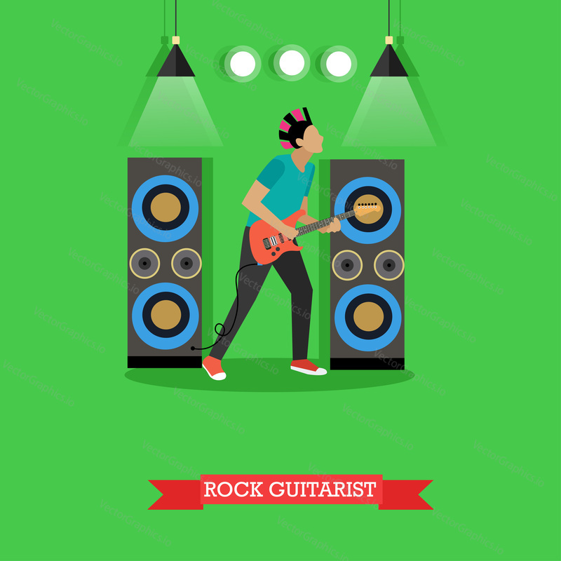 Boy Rock Guitarist, vector illustration in flat style. Rocker playing electric guitar on stage, string musical instrument.