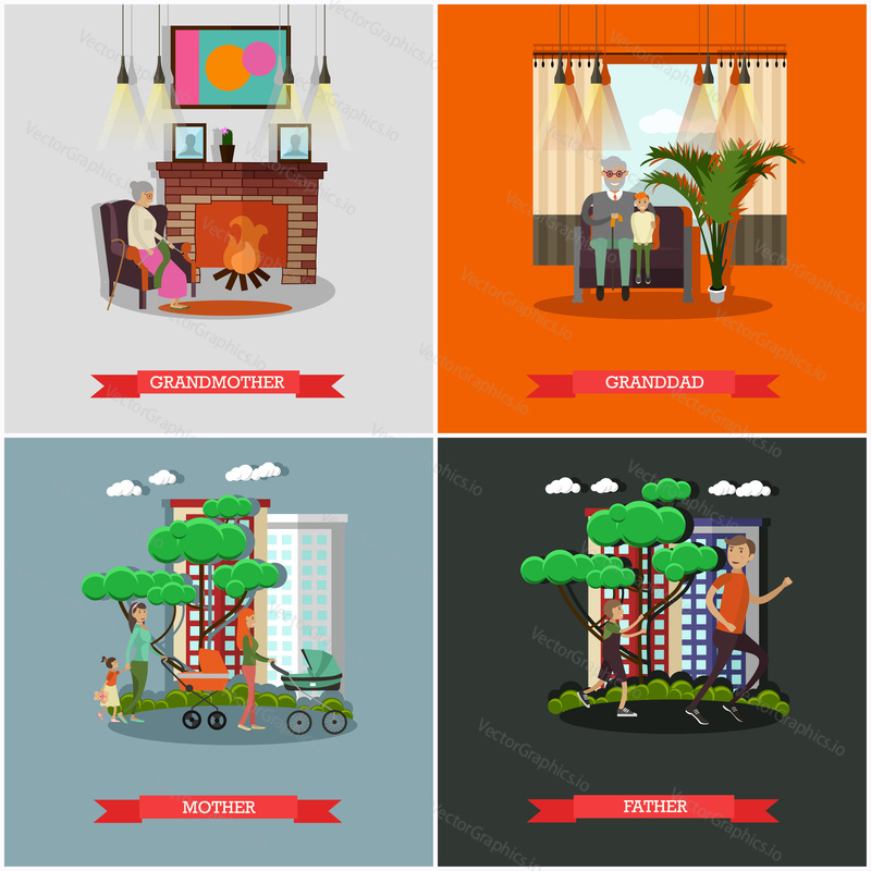 Vector set of family concept posters in flat style. Grandmother, granddad, Mother and Father design elements.