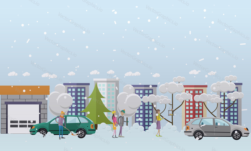 Vector illustration of young man clearing car and shoveling snow, couple walking in the street and girl feeding birds. Winter people activities concept design elements in flat style.