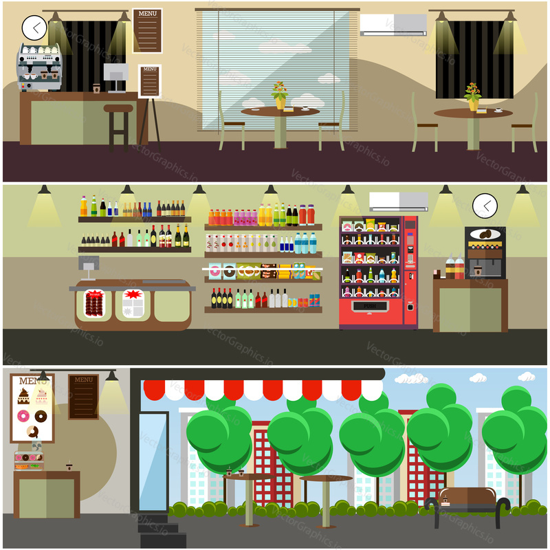 Vector set of coffee shop, coffee house, cafe interior, street cafe concept design elements, posters, banners in flat style.