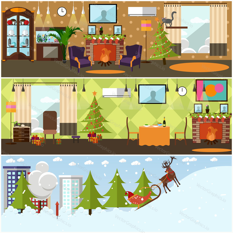 Vector set of banners with home interiors and winter cityscape design elements. Holiday living room decoration. Snowy street, sleigh, reindeer. New Years and Christmas interior concept in flat style.