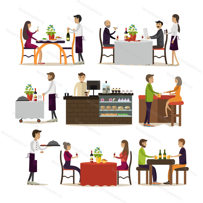 Vector set of pub and restaurant people icons isolated on white background. Waiters, barista, people drinking beer, having lunch or dinner concept design elements in flat style.
