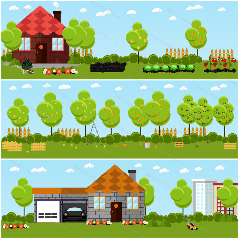 Vector set of gardening, harvesting and landscaping concept banners in flat style. Fruit and vegetables, trimming lawn and bush