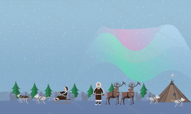Northern lights concept vector illustration. Arctic landscape with aurora borealis, eskimo people in traditional clothing and arctic animals, flat style design elements.