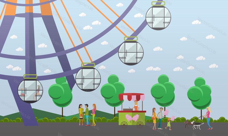 Vector illustration of amusement park concept design element with ferris wheel attraction, cotton candy trolley, salesgirl and walking people. Cartoon characters, flat style.