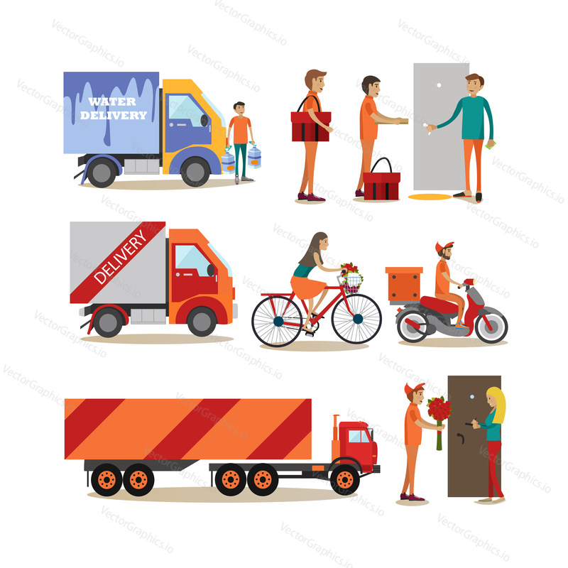 Vector icons set of food delivery profession people isolated on white background. Couriers delivering food by foot, by bicycle, truck and by scooter flat style design elements.