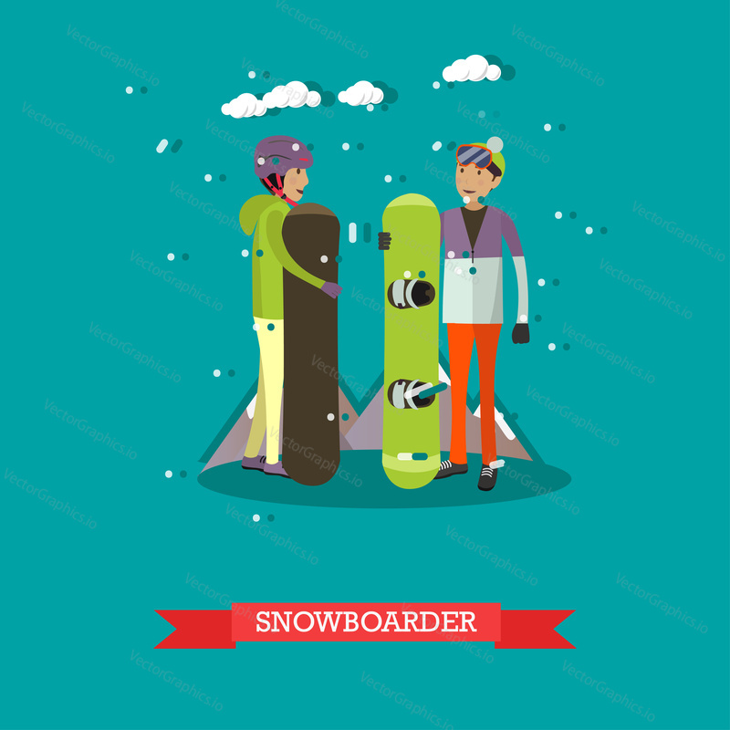 Vector illustration of boys with snowboards. Snowboarders, cartoon characters. Winter sports and recreation concept design element in flat style.