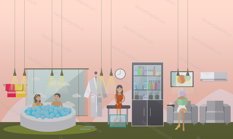 Vector illustration of young people enjoying jacuzzi hot tub, cosmetic facial treatment and fish spa therapy. Spa services concept design elements in flat style.
