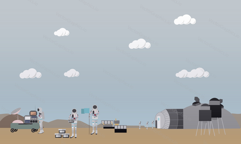 Vector illustration of astronauts landing on Mars, space base, equipment. Exploration of Mars, Red Planet concept design element in flat style.