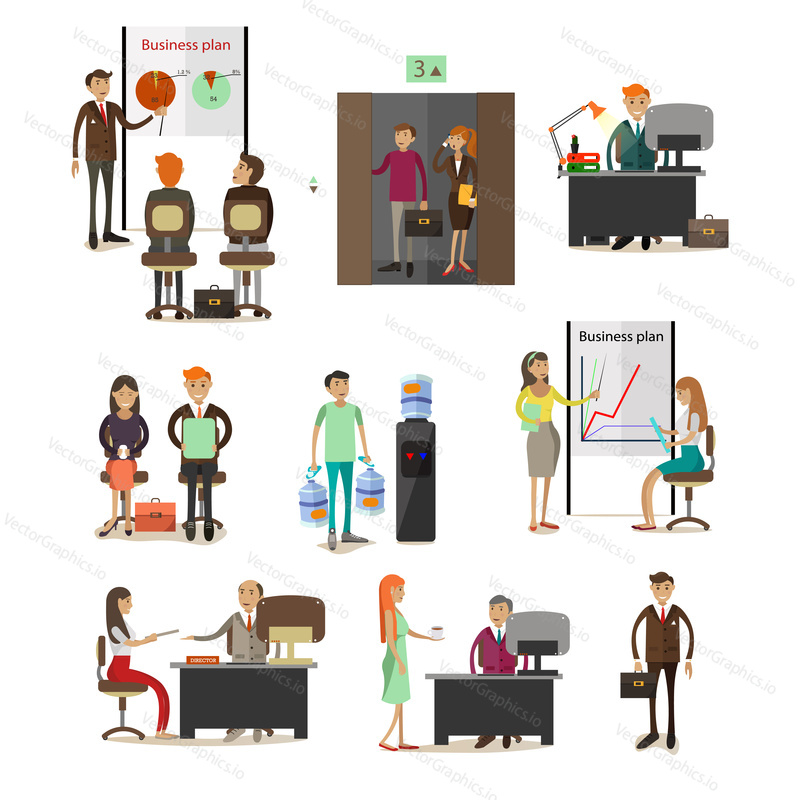 Vector set of office people characters in different kinds of business situations, their workplaces design elements, icons isolated on white background. Flat style illustration.
