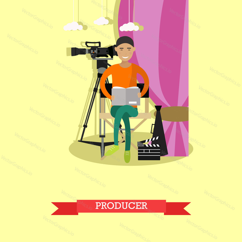 Vector illustration of producer reading screenplay. Record producer, production director character. Digital video camera on the tripod. Cinematography concept design element in flat style.