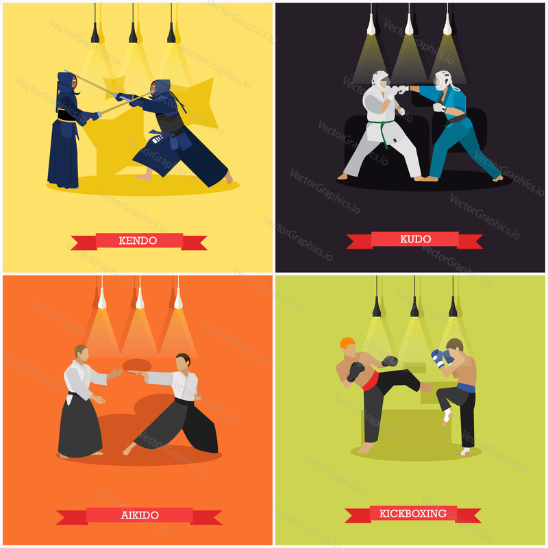 Vector set of martial arts. Kendo, kudo, aikido and kickboxing. Fighters in sport positions.Flat design.