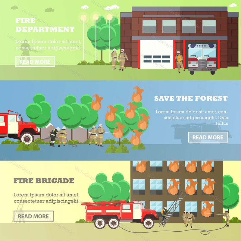 Vector set of Fire department, Save the forest, Fire brigade horizontal banners. Fire fighting concept design elements in flat style.