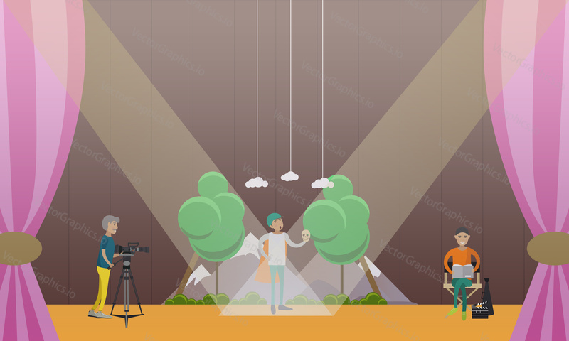 Vector illustration of actor playing a part of Hamlet in Shakespeares tragedy, videographer with video camera on tripod and producer reading screenplay. Theater concept design element in flat style.