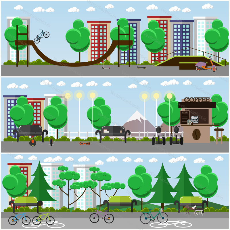 Vector set of posters, banners with skate park and ramp, bike path in the park, modern street transport flat style design elements.