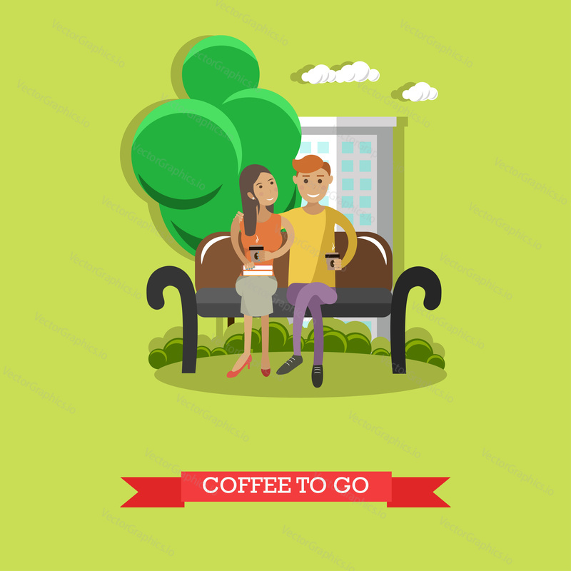 Coffee to go concept vector illustration in flat style. Couple young man and woman sitting on bench, talking to each other and drinking coffee.