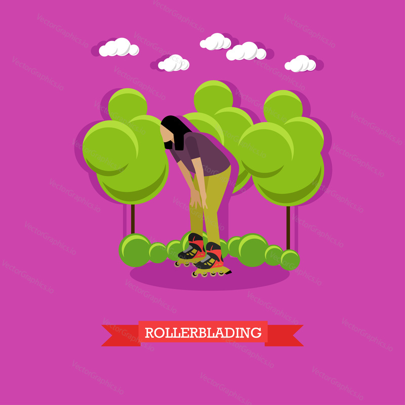 Young woman rollerblading in the park. Rollerblade skater stopped to rest. Extreme sport, active lifestyle. Flat design vector illustration