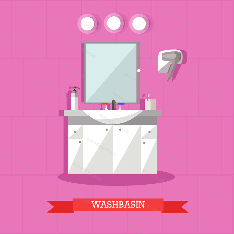 Vector illustration of washbasin and accessories in flat style. Bathroom interior design element.