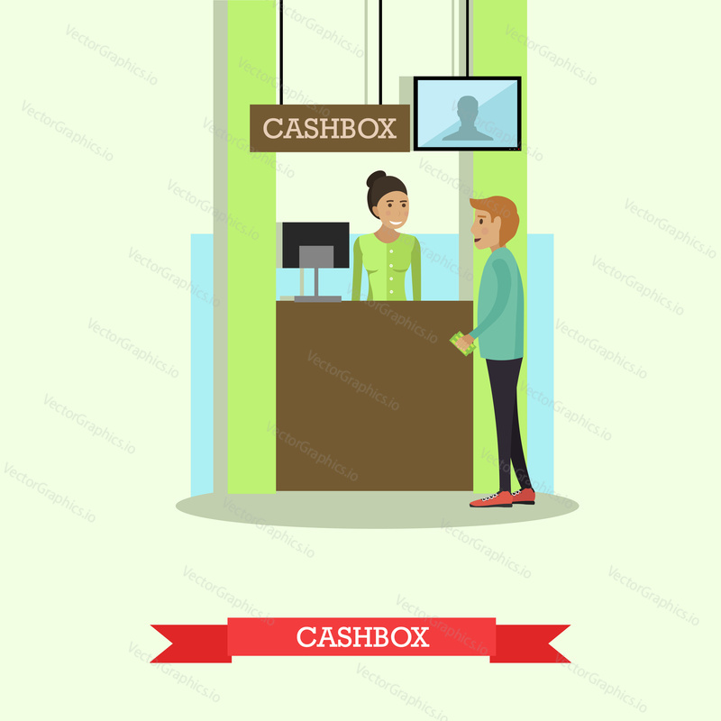 Vector illustration of bank teller serving customer. Cashbox, cash department. Banking concept design element in flat style