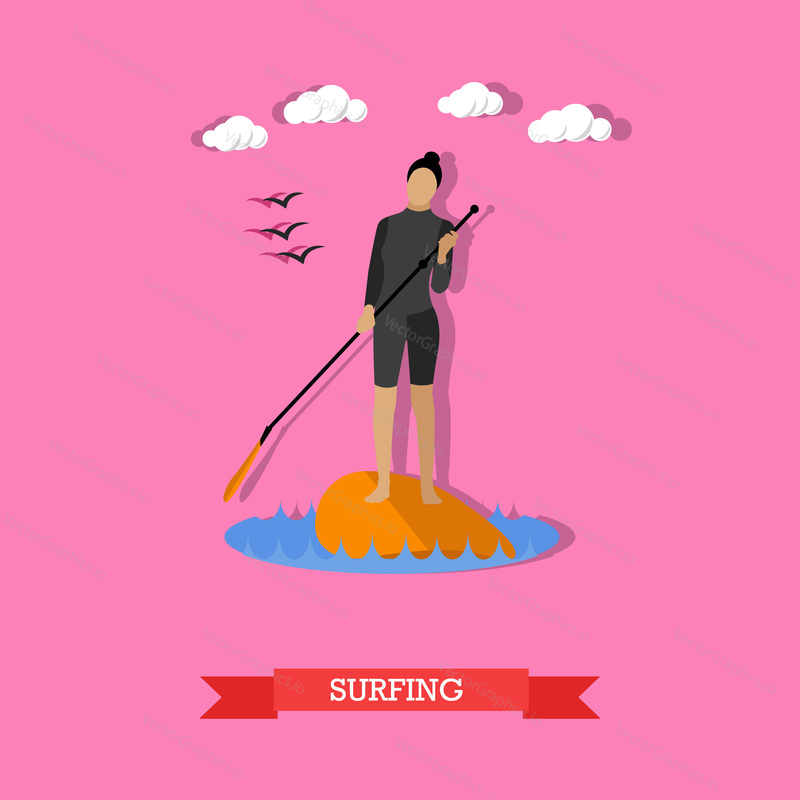 Young woman in wetsuit swim on stand up paddle board. SUP surfing. Active lifestyle. Vector illustration in flat design