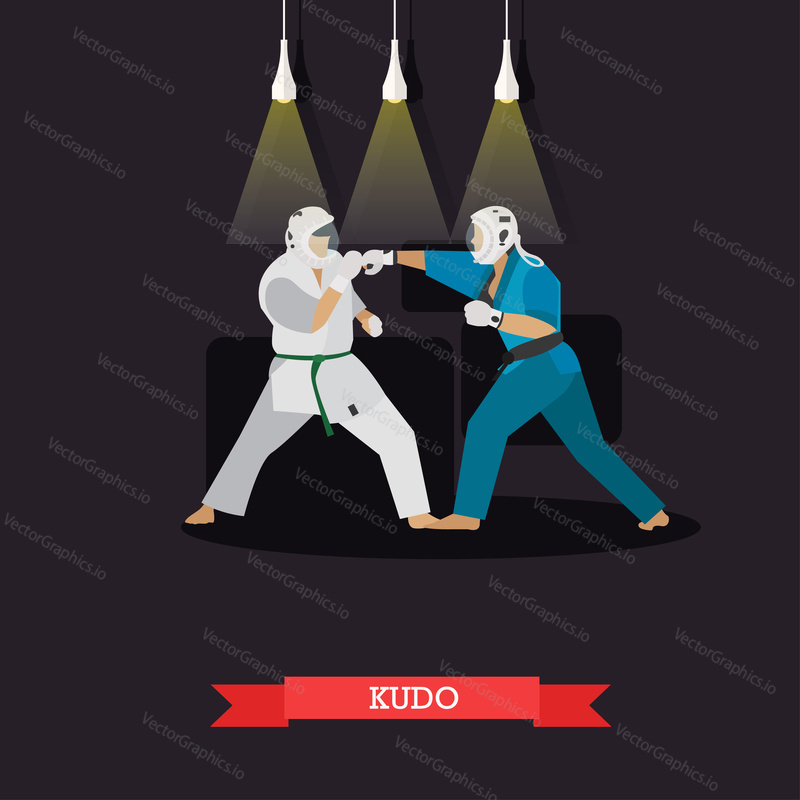 Vector poster of martial arts. Kudo. Fighters in sport positions. Flat design.