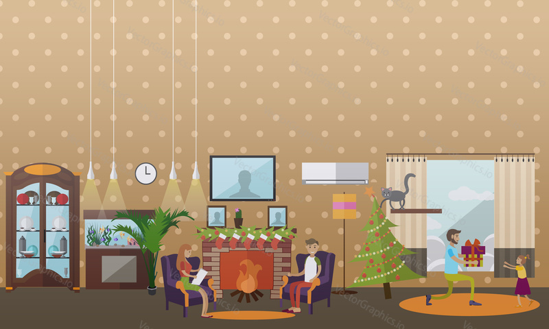 Vector illustration of cozy fireplace decorated with christmas stockings, fir trees branches. Living room interior. Merry Christmas and Happy New Year design element in flat style.