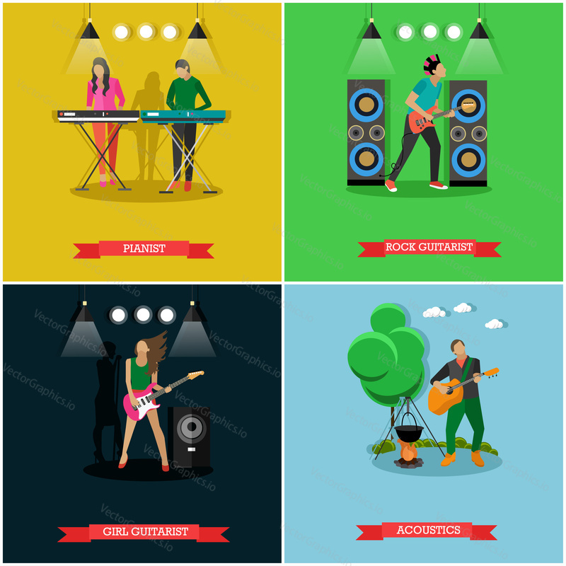 Boys and girls playing electric guitar and piano on stage. Young man playing acoustic guitar near campfire. Vector set of banners with young musicians, flat style