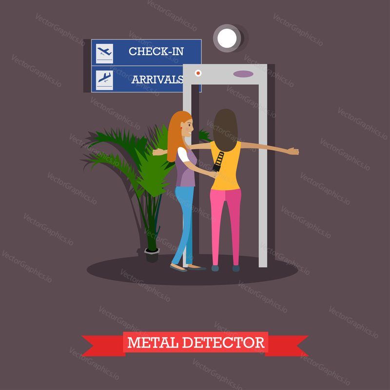 Vector illustration of security guard scanning passenger with metal detector. Airport terminal, security checkpoint concept design element in flat style.