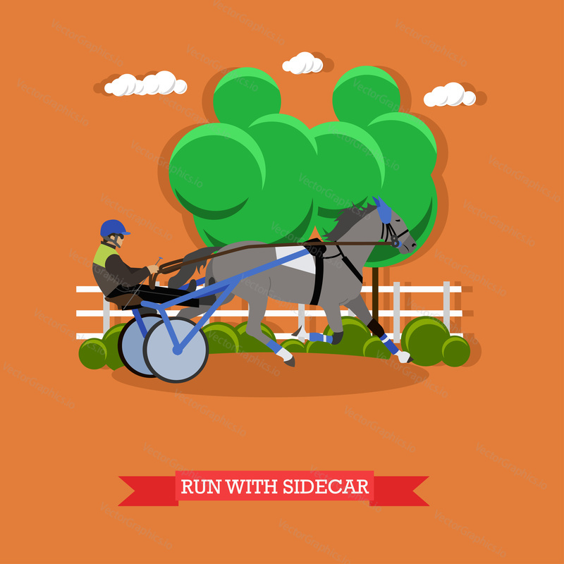 Jockey controls horse in the horse cart, holding the reins, driving whip. Equestrian sport. Vector illustration in flat design