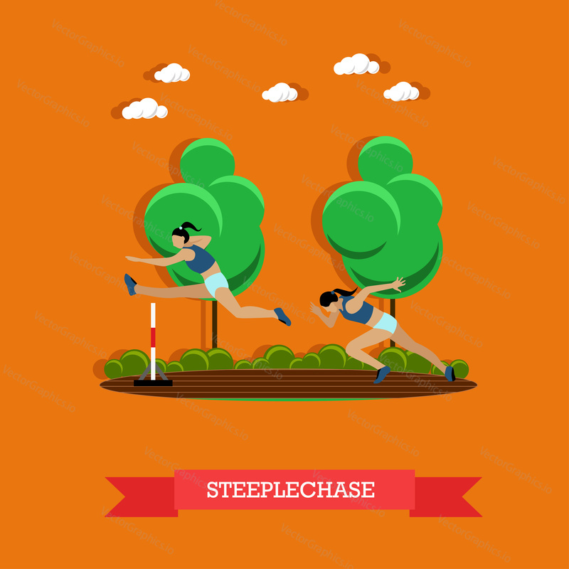 Vector illustration of two steeplechase female athletes. Track and field athletics competitions. Sportswomen running on the track and jumping over the hurdle. Flat design