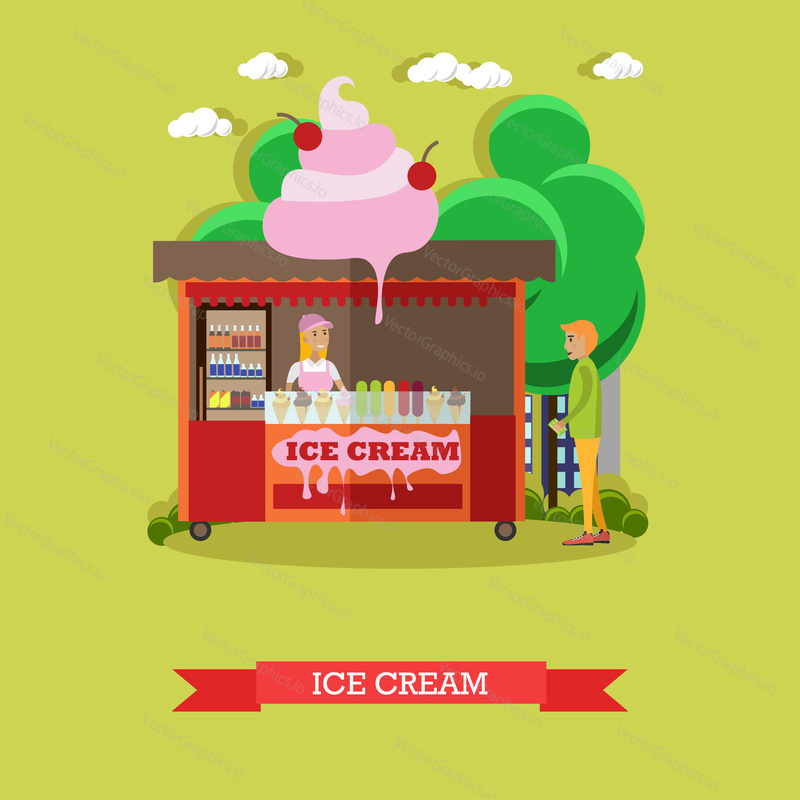 Vector illustration of ice cream stall, salesgirl and buyer. Retail place. Cartoon characters. Amusement park concept design element in flat style.