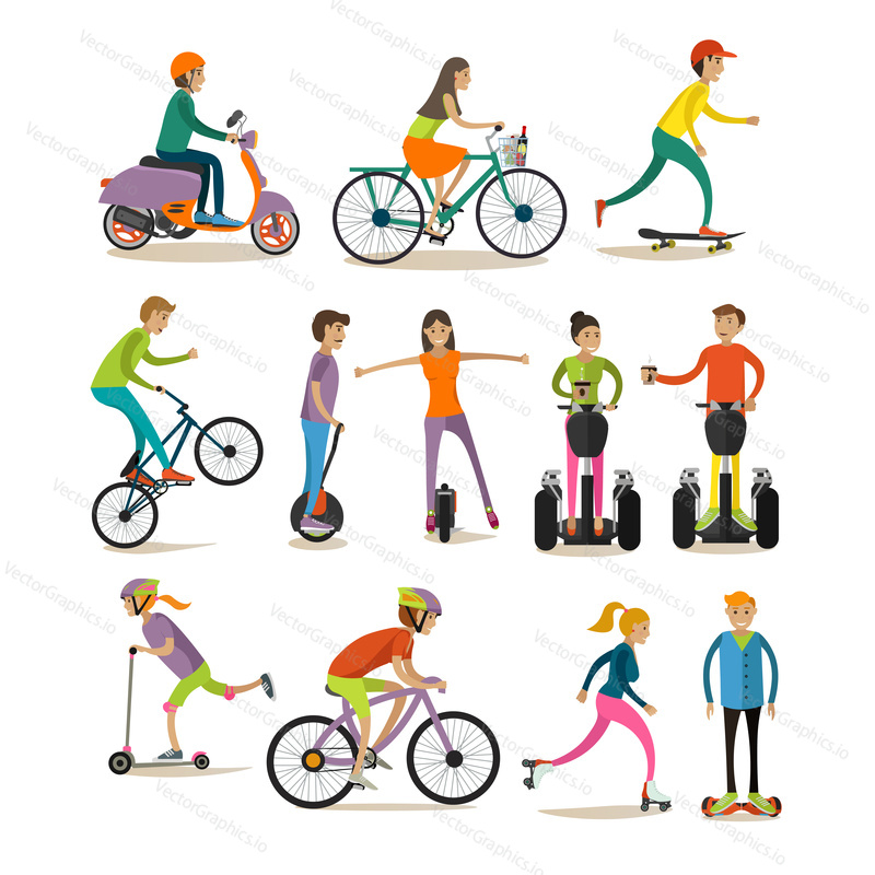 Vector set of characters, sport and modern street transport icons isolated on white background. Means of transport concept design elements in flat style.