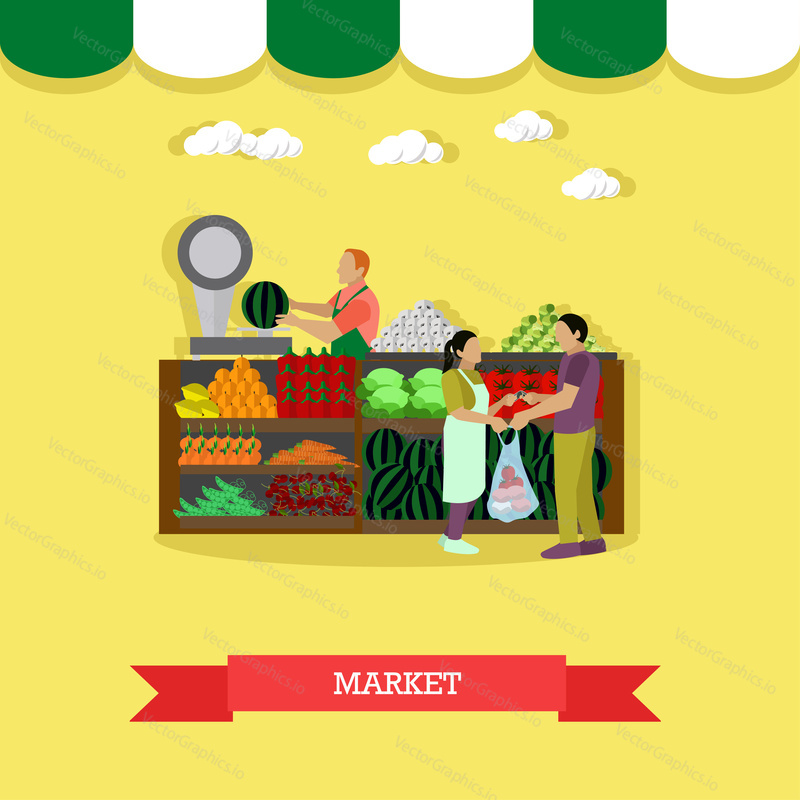 Vector illustration of market greengrocery design element in flat style. People selling and buying fruit and vegetables.