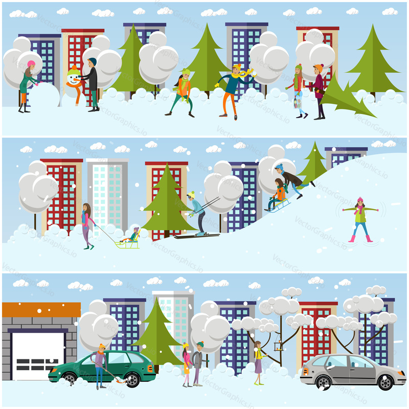 Vector set of winter people activities concept design elements in flat style. Characters sledding, playing snowballs, making snowman and snow angel, clearing car from snow, shopping. Winter cityscape.