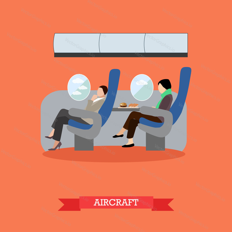 Airline travel passengers concept vector banner. People in airplane. Aircraft transport interior.