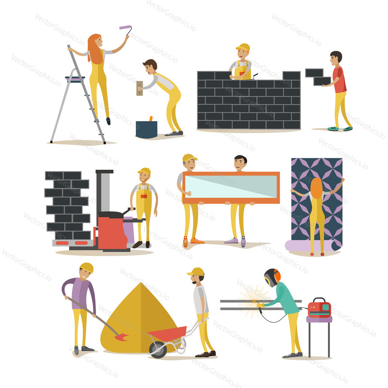 Vector set of construction workers isolated on white background. People working at construction site, renovating apartment. Flat style design elements, icons.