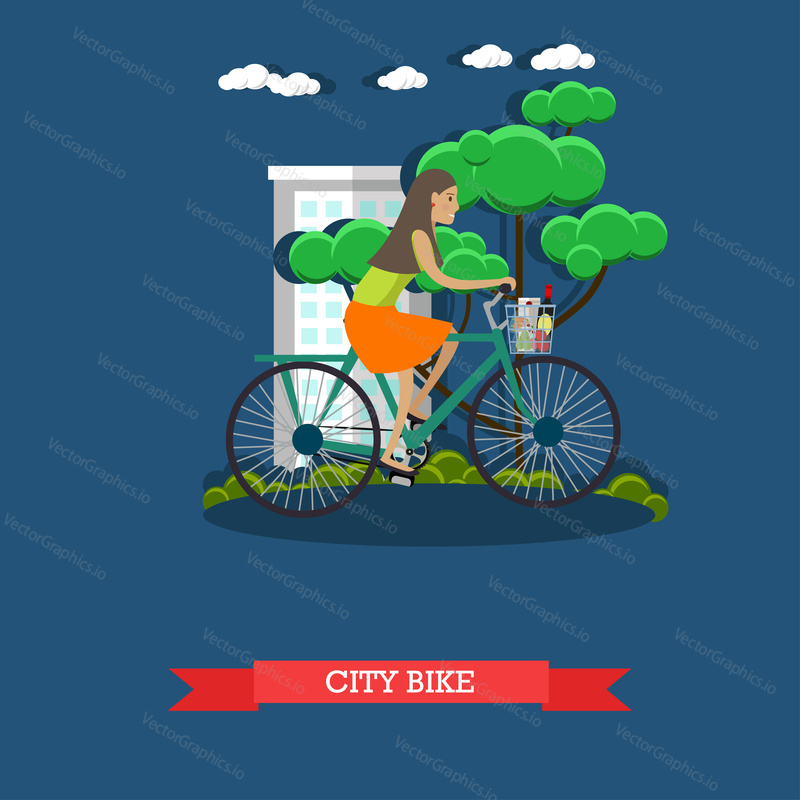 Vector illustration of a girl riding city bike. Bicycle or cycle, land vehicle concept design element in flat style.