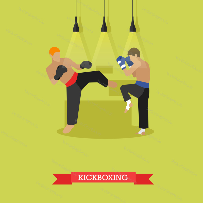 Two young kickboxer in boxing gloves training and working out kicks. Kickboxer hits a side kick to the opponent feet trying to break his block. Vector illustration in flat design