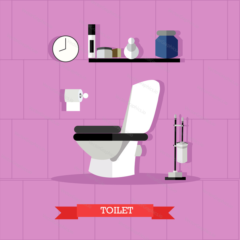 Vector poster with bathroom furniture, toilet and accessories in flat style.