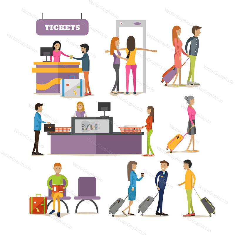 Vector set of people characters in airport terminal. Airline passengers passing security control, buying tickets and waiting for boarding.