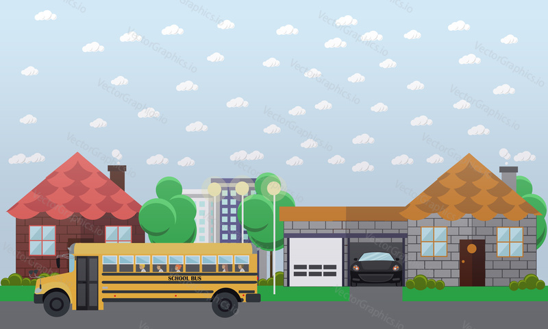 Vector illustration of school bus going in the street. School transportation concept design element in flat style.