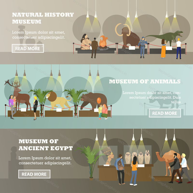 Vector set of horizontal banners with different kinds of museum expositions. Natural history museum, Museum of animals, Museum of ancient Egypt design elements in flat style.