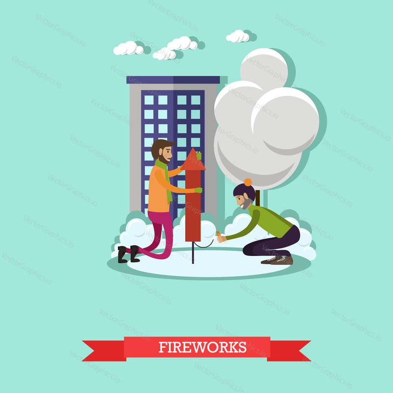 Vector illustration of men launching firework in the street. Cartoon characters. New Years Eve celebration design element in flat style.