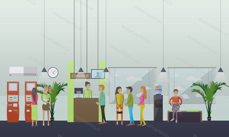 Vector set of banking concept design elements in flat style. Customers carrying out operations with self-service terminal. Bank teller serving clients. Waiting hall.
